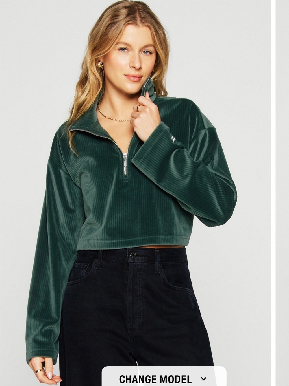 Fabletics Forest Green Cropped Half-Zip Corduroy Pullover